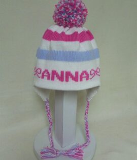 STRIPE EARFLAP WITH NAME BOWS AND POMPOM