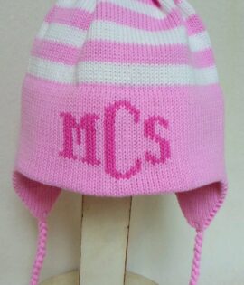 STRIPE EARFLAP WITH MONOGRAM AND POMPOM
